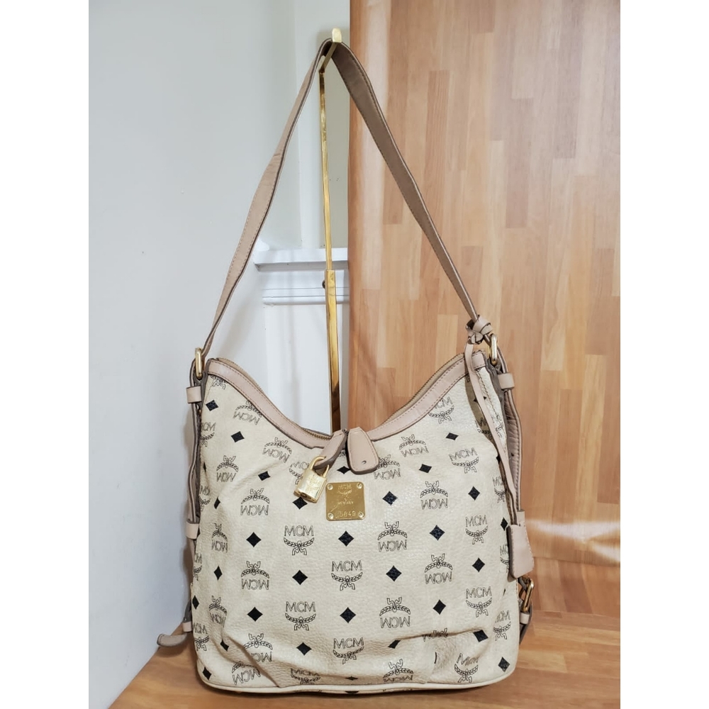 MCM Monogram Visetos Zip Hobo Beige Coated Canvas Shoulder/Crossbody Bag - Picture 1 of 13